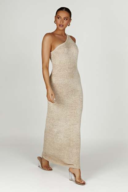 Paisley One Shoulder Knit Maxi Dress - Wheat-My Chic Way.All Rights Reserved