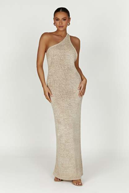 Paisley One Shoulder Knit Maxi Dress - Wheat-My Chic Way.All Rights Reserved