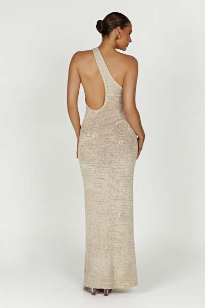 Paisley One Shoulder Knit Maxi Dress - Wheat-My Chic Way.All Rights Reserved