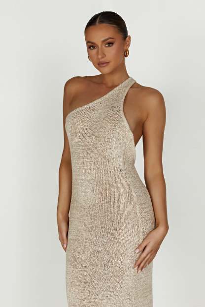 Paisley One Shoulder Knit Maxi Dress - Wheat-My Chic Way.All Rights Reserved