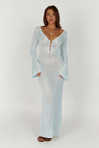Kayleigh Crochet Fishtail Flare Sleeve Maxi Dress - Arctic Blue-My Chic Way.All Rights Reserved