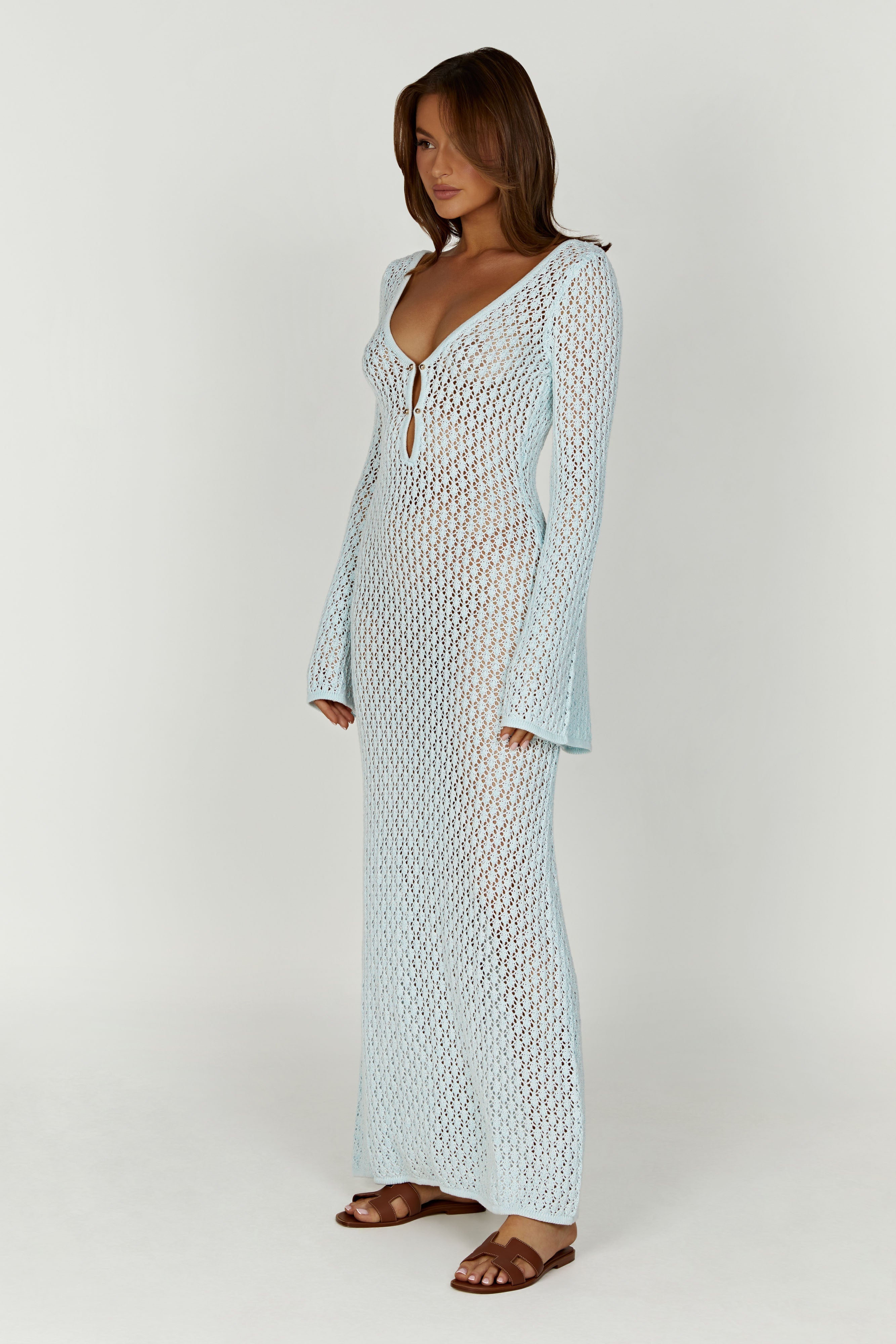 Kayleigh Crochet Fishtail Flare Sleeve Maxi Dress - Arctic Blue-My Chic Way.All Rights Reserved