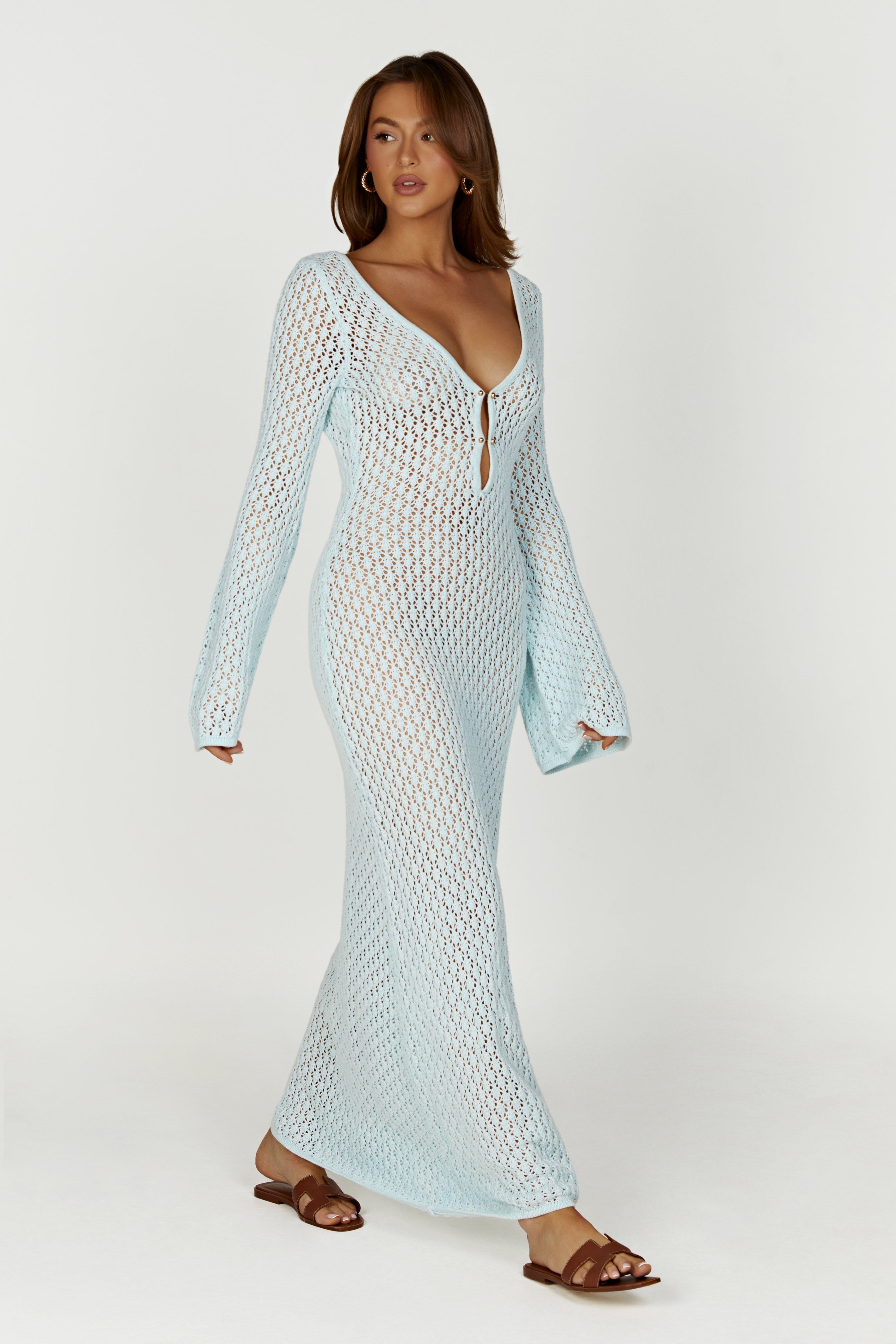 Kayleigh Crochet Fishtail Flare Sleeve Maxi Dress - Arctic Blue-My Chic Way.All Rights Reserved