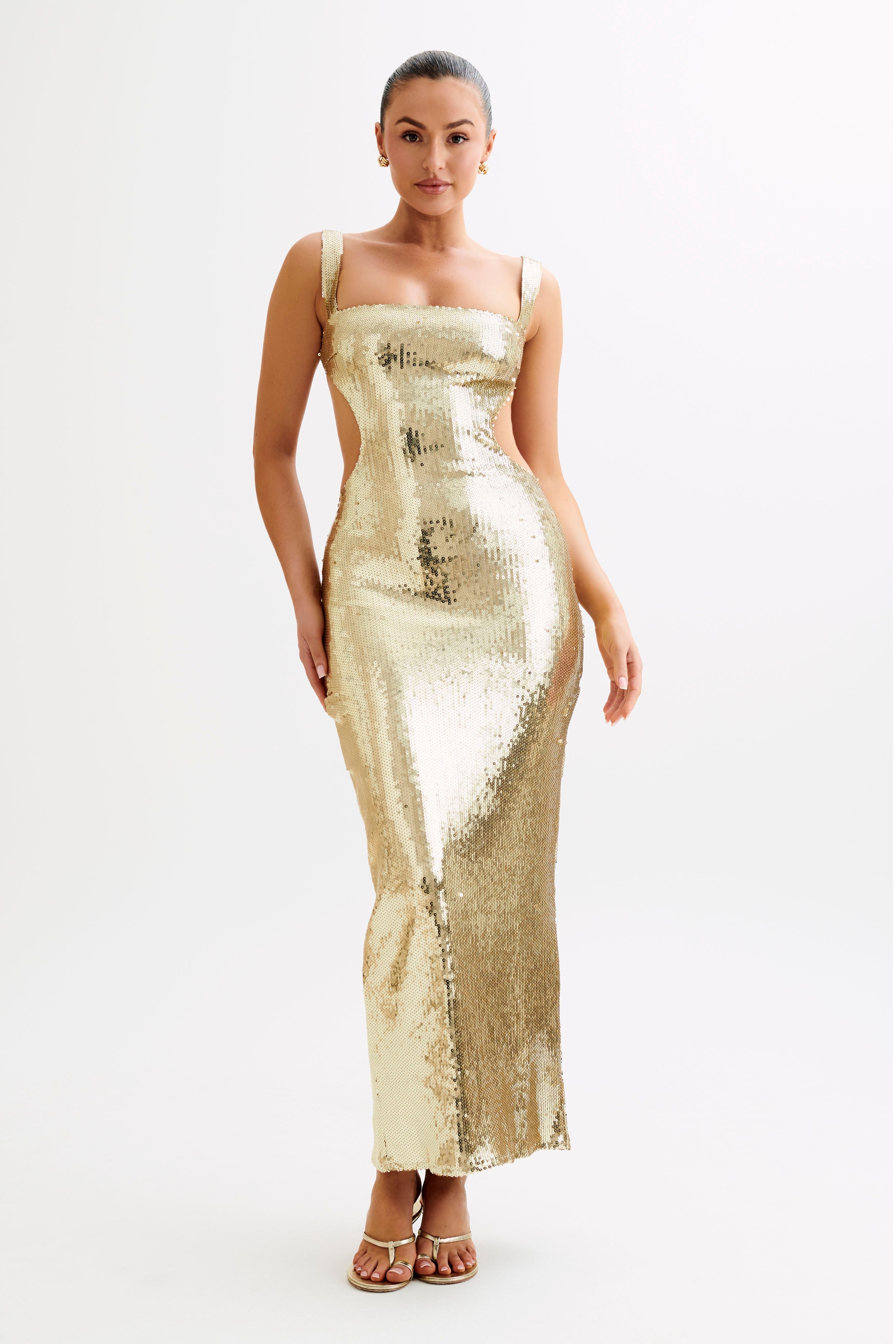 Adoria Sequin Cut Out Maxi Dress - Gold-My Chic Way.All Rights Reserved
