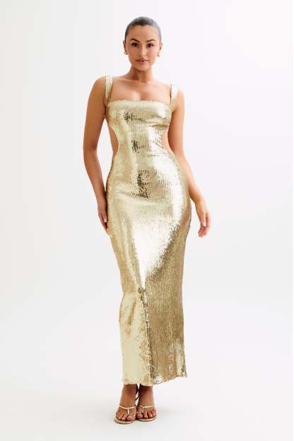 Adoria Sequin Cut Out Maxi Dress - Gold-My Chic Way.All Rights Reserved