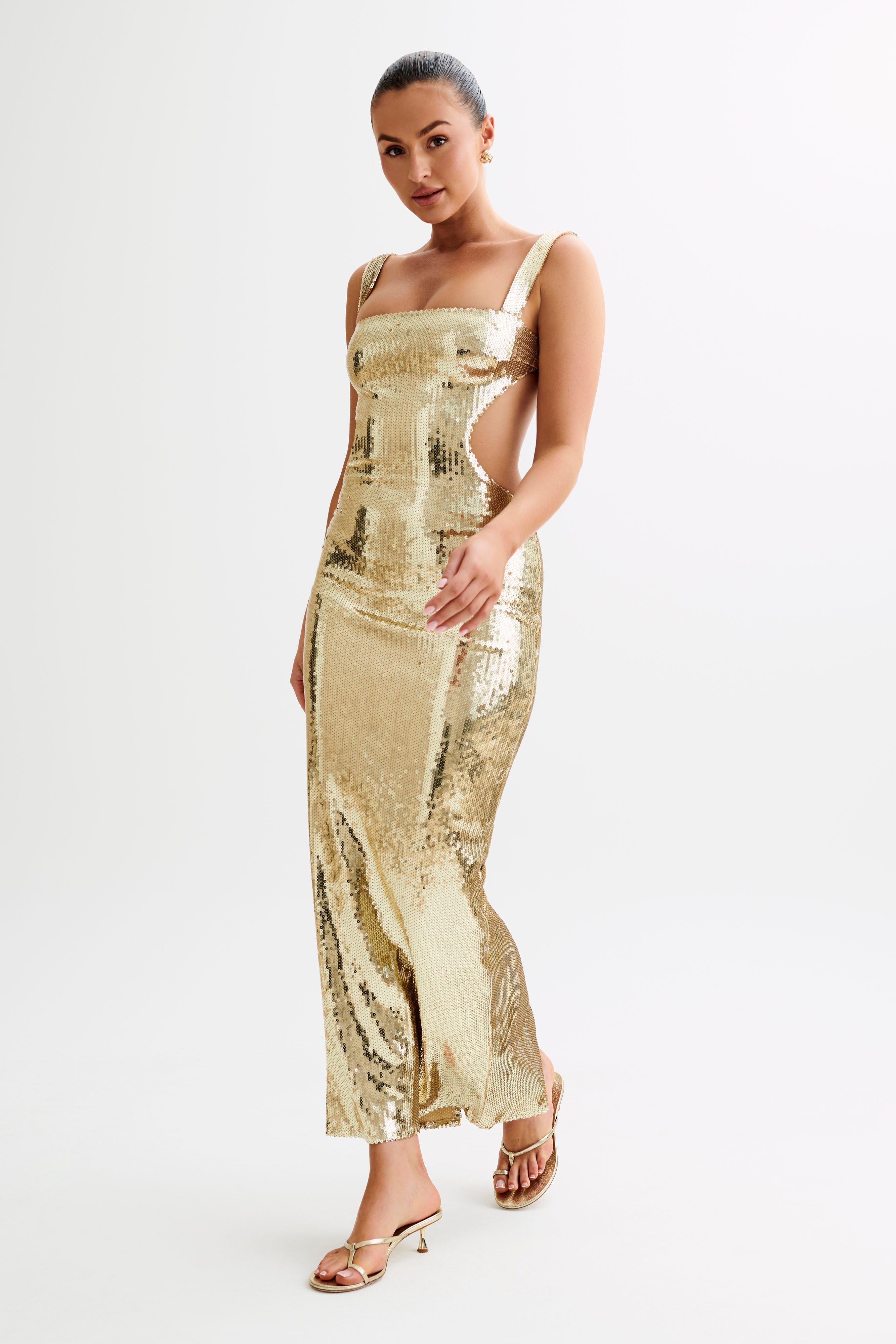 Adoria Sequin Cut Out Maxi Dress - Gold-My Chic Way.All Rights Reserved