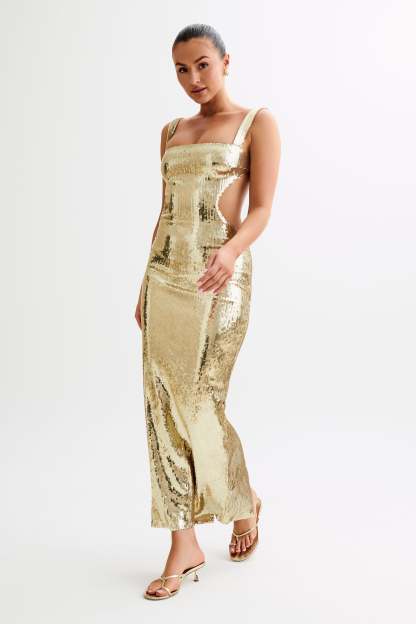 Adoria Sequin Cut Out Maxi Dress - Gold-My Chic Way.All Rights Reserved