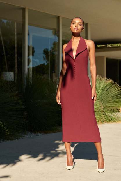 Annita Crepe Halter Midi Dress - Merlot-My Chic Way.All Rights Reserved