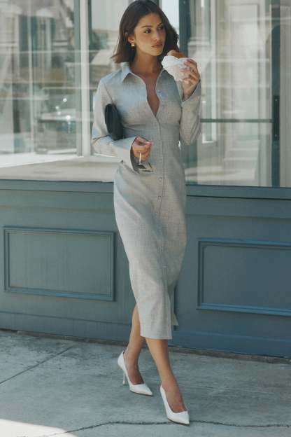 Dorian Fitted Shirt Midi Dress - Charcoal Marle-My Chic Way.All Rights Reserved