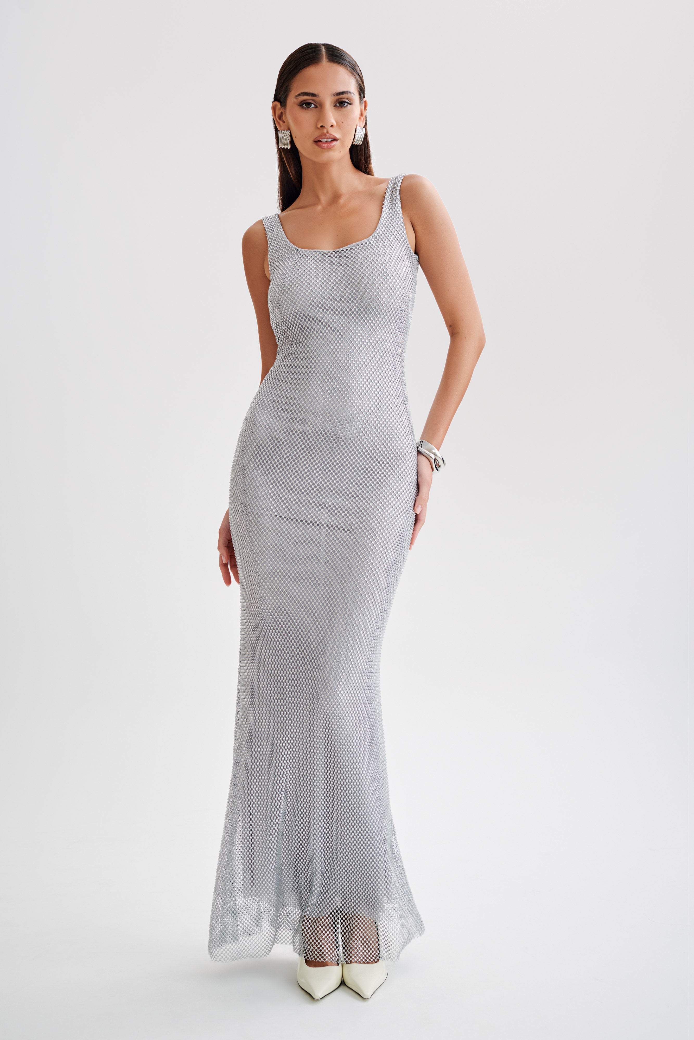 Annika Diamante Mesh Maxi Dress - Silver-My Chic Way.All Rights Reserved