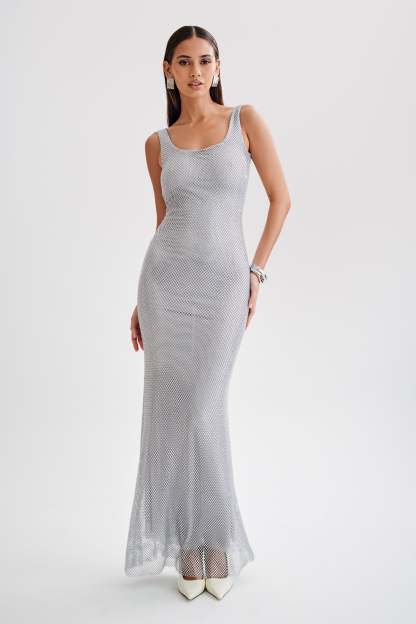 Annika Diamante Mesh Maxi Dress - Silver-My Chic Way.All Rights Reserved