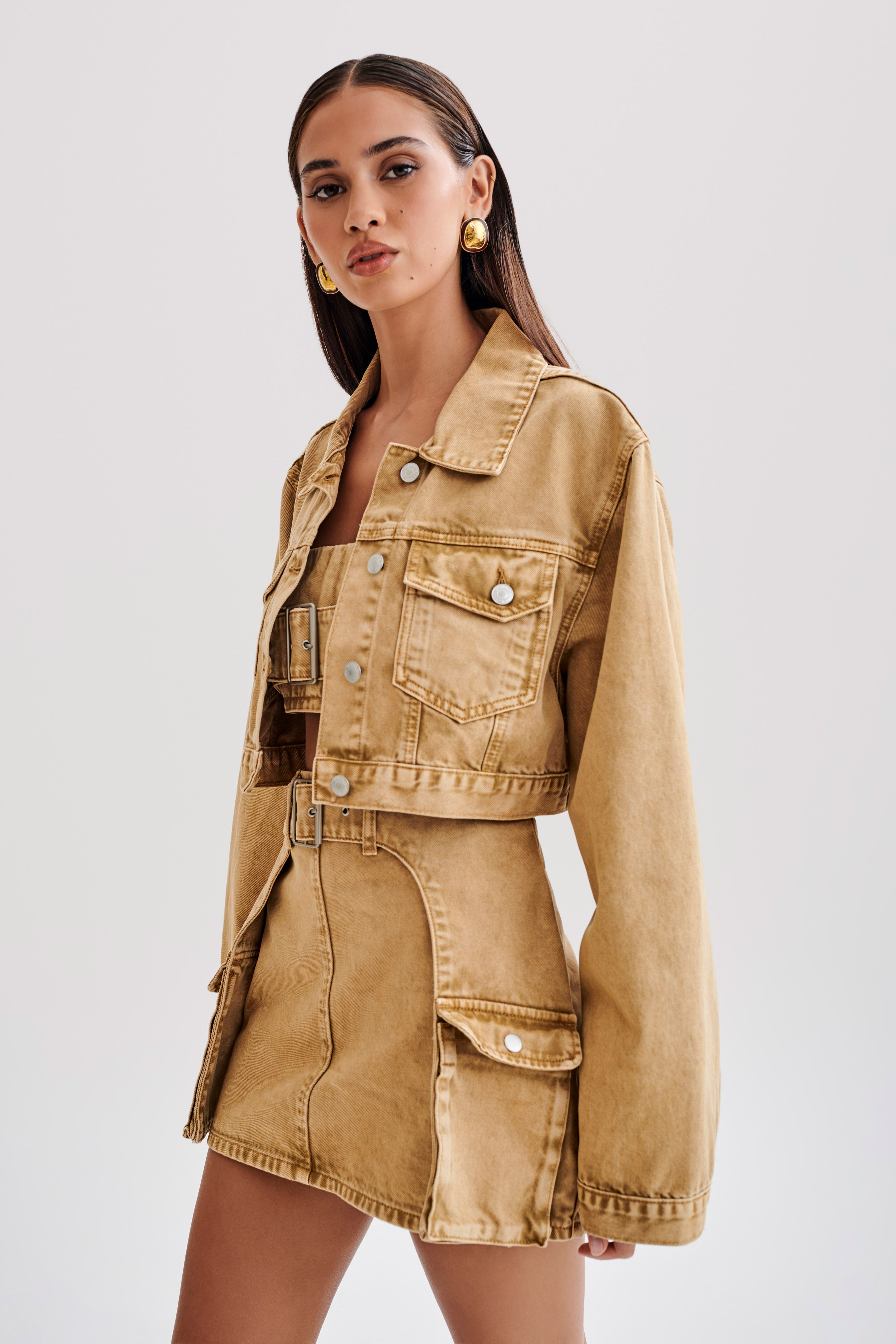 Rowena Denim Cropped Jacket - Tan Acid Wash-My Chic Way.All Rights Reserved