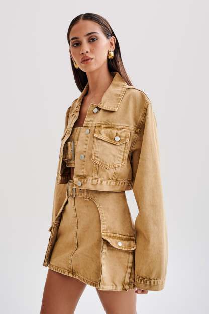 Rowena Denim Cropped Jacket - Tan Acid Wash-My Chic Way.All Rights Reserved