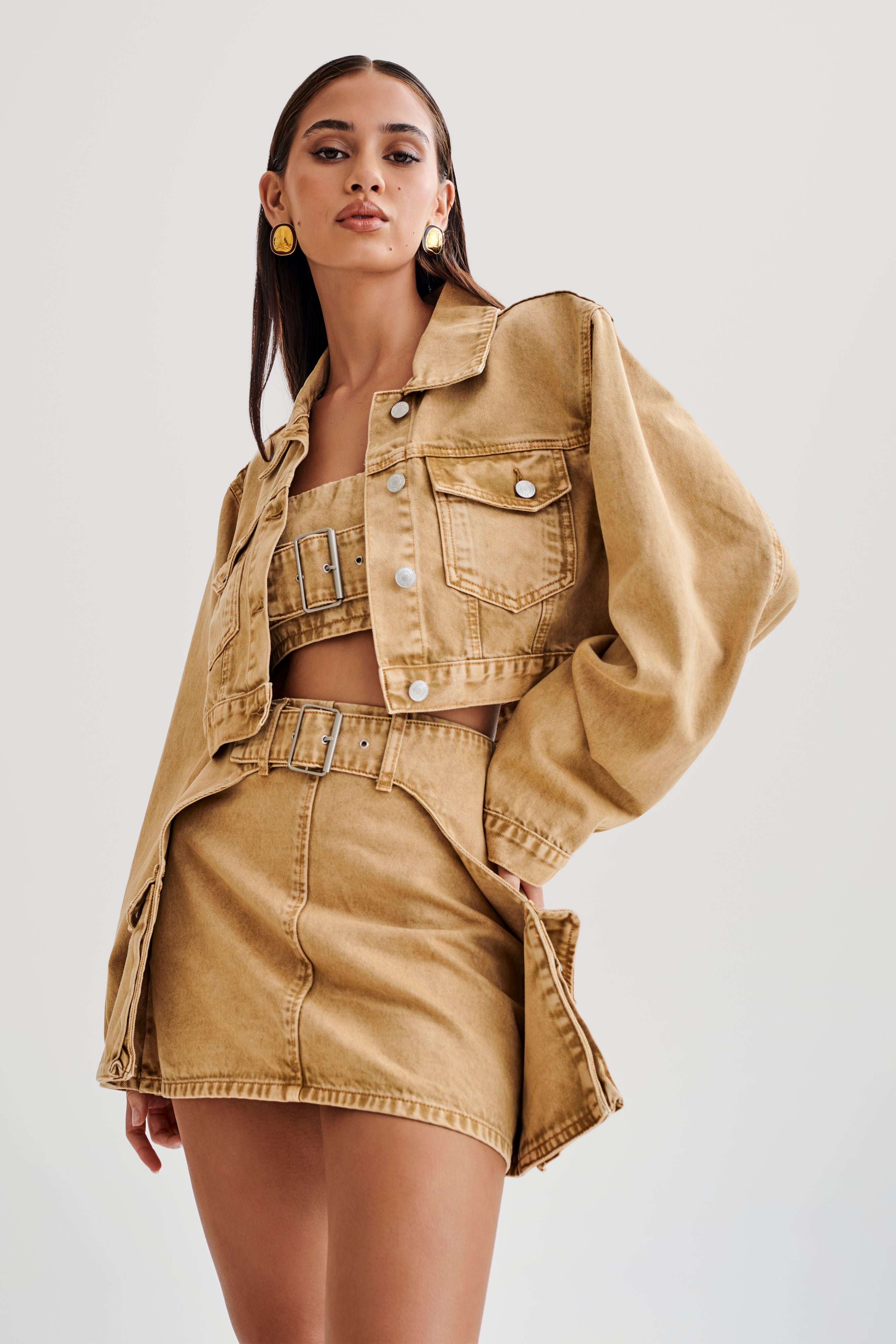 Rowena Denim Cropped Jacket - Tan Acid Wash-My Chic Way.All Rights Reserved