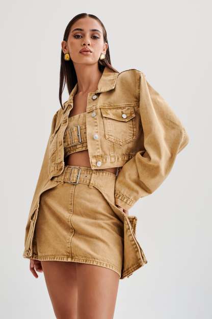 Rowena Denim Cropped Jacket - Tan Acid Wash-My Chic Way.All Rights Reserved