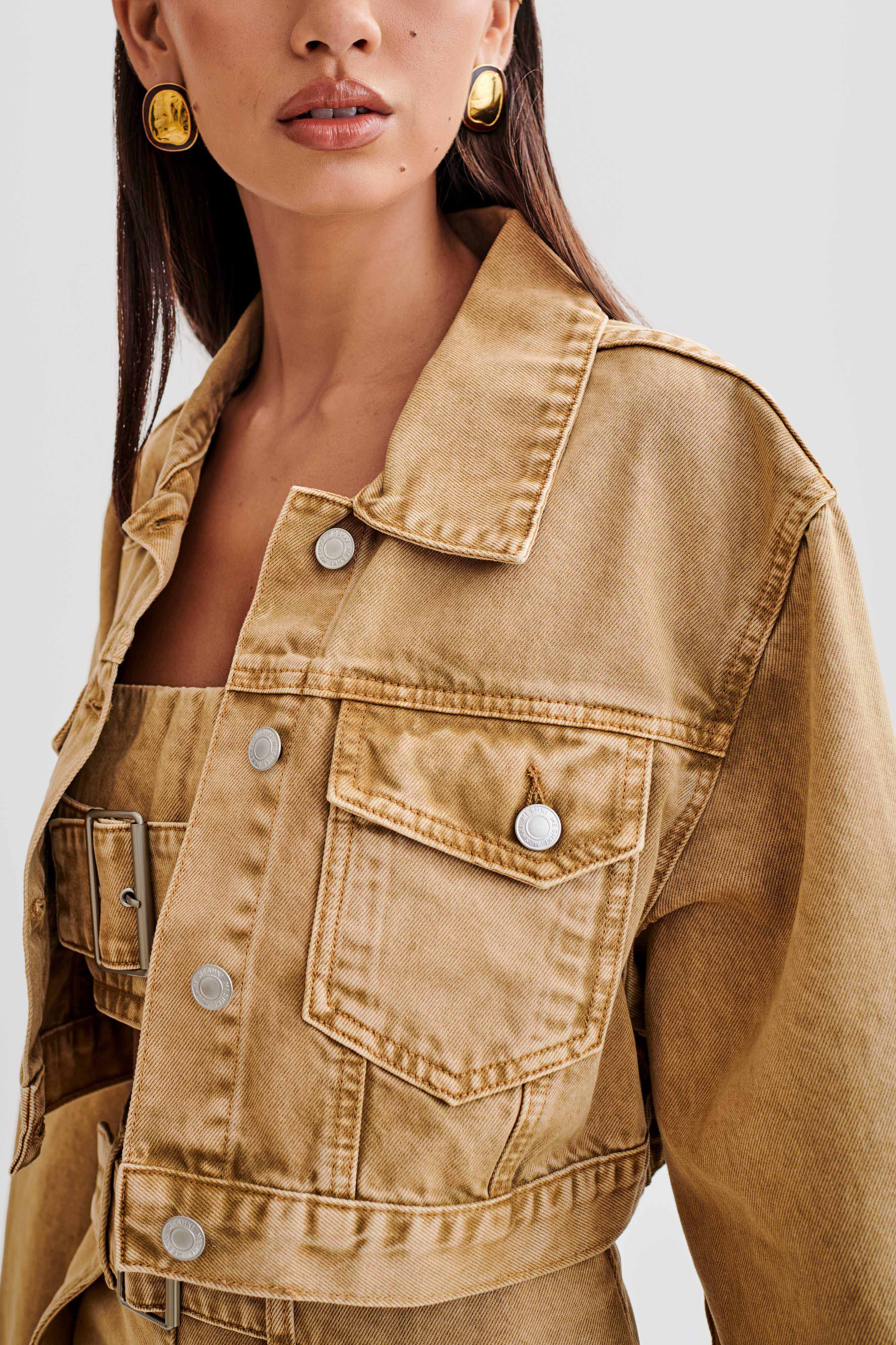Rowena Denim Cropped Jacket - Tan Acid Wash-My Chic Way.All Rights Reserved