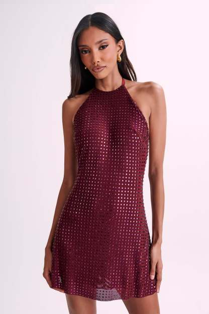 Dorothy Square Diamante Halter Mini Dress - Burgundy-My Chic Way.All Rights Reserved