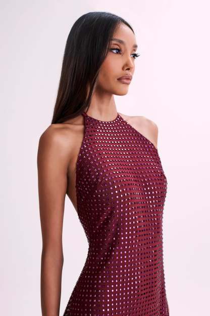 Dorothy Square Diamante Halter Mini Dress - Burgundy-My Chic Way.All Rights Reserved