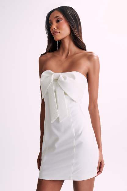 Saoirse Strapless Mini Dress With Diamante Bow - White-My Chic Way.All Rights Reserved