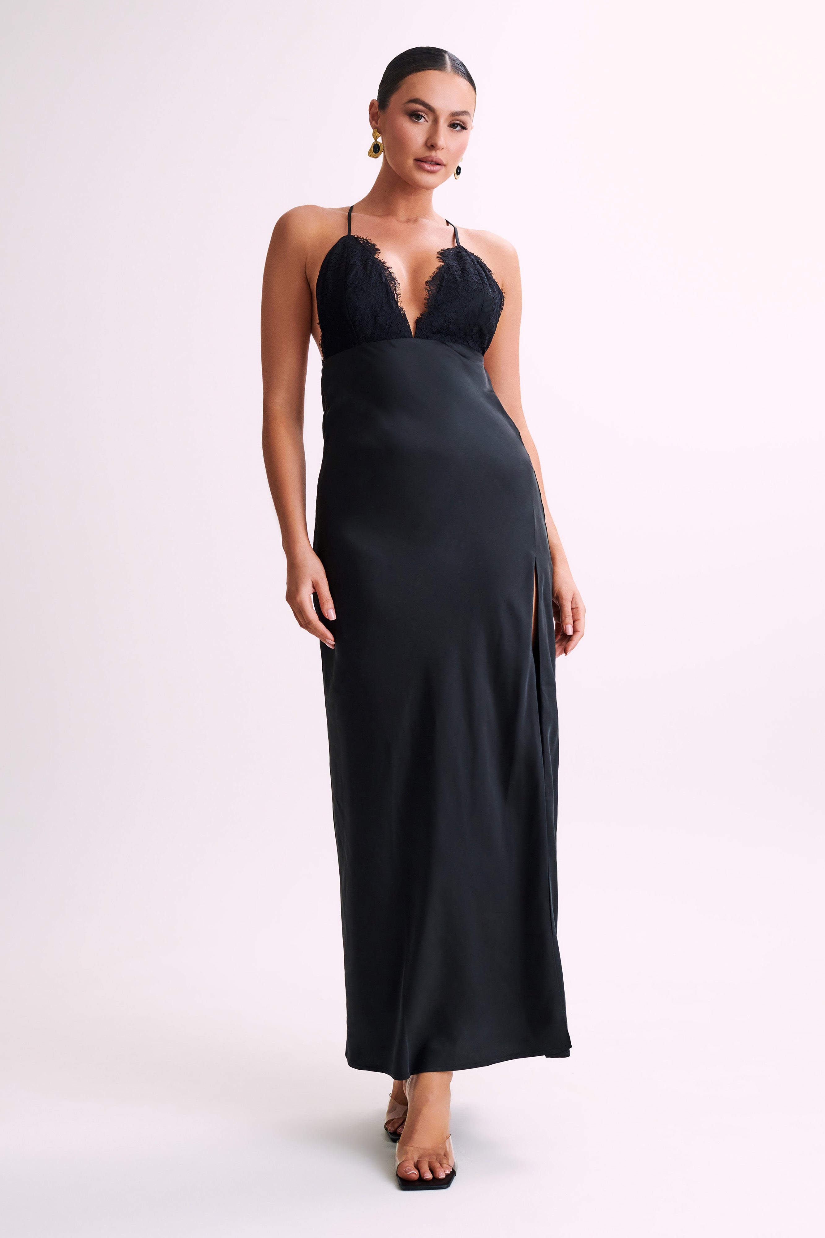 Gina Satin Slip Maxi Dress With Lace - Black-My Chic Way.All Rights Reserved