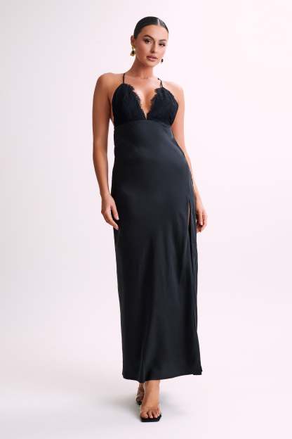 Gina Satin Slip Maxi Dress With Lace - Black-My Chic Way.All Rights Reserved