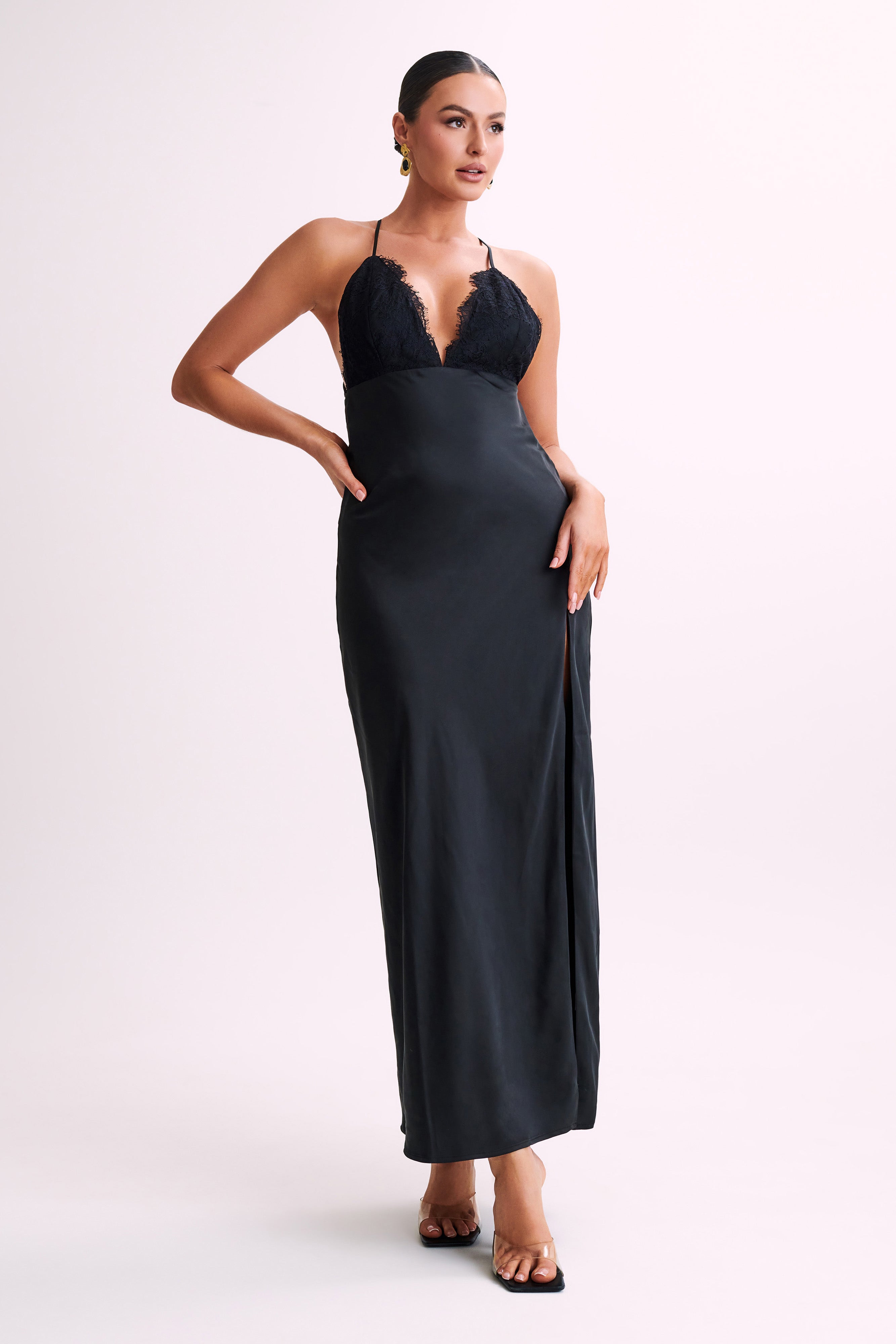 Gina Satin Slip Maxi Dress With Lace - Black-My Chic Way.All Rights Reserved