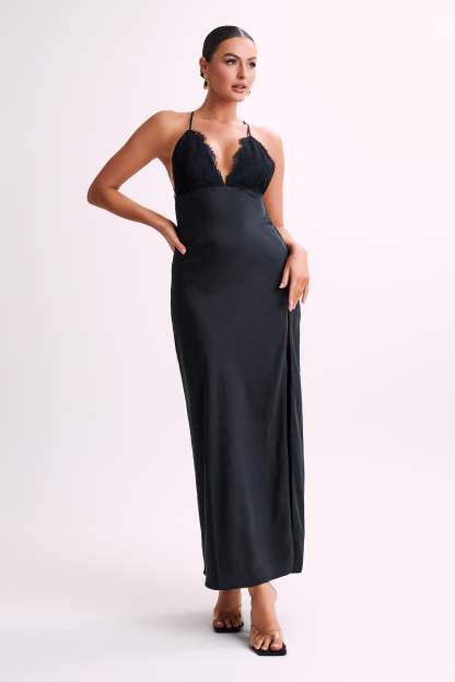 Gina Satin Slip Maxi Dress With Lace - Black-My Chic Way.All Rights Reserved