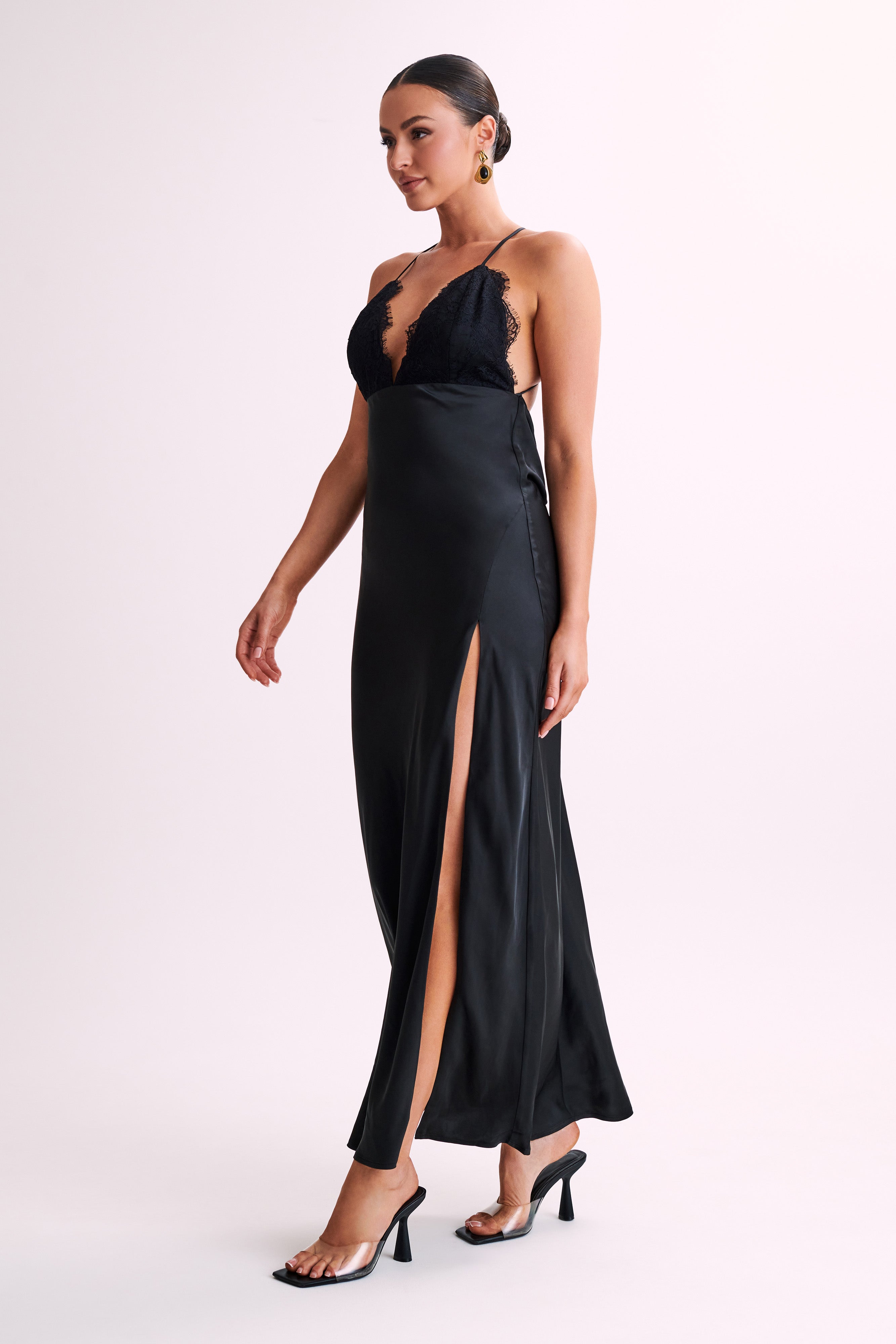 Gina Satin Slip Maxi Dress With Lace - Black-My Chic Way.All Rights Reserved
