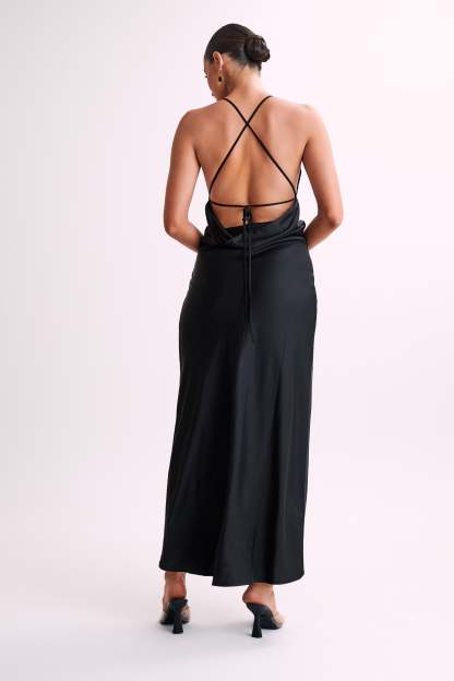 Gina Satin Slip Maxi Dress With Lace - Black-My Chic Way.All Rights Reserved