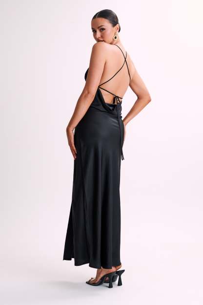 Gina Satin Slip Maxi Dress With Lace - Black-My Chic Way.All Rights Reserved