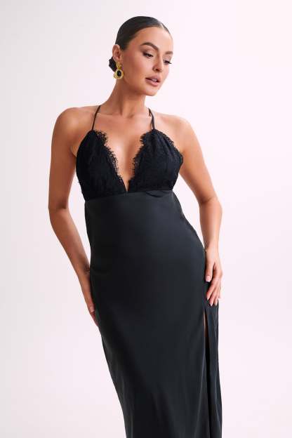 Gina Satin Slip Maxi Dress With Lace - Black-My Chic Way.All Rights Reserved