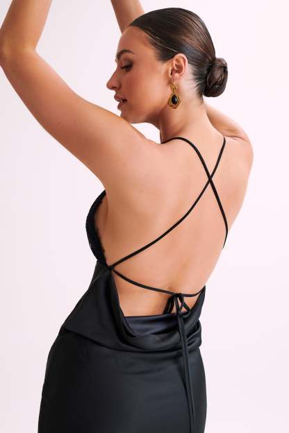 Gina Satin Slip Maxi Dress With Lace - Black-My Chic Way.All Rights Reserved