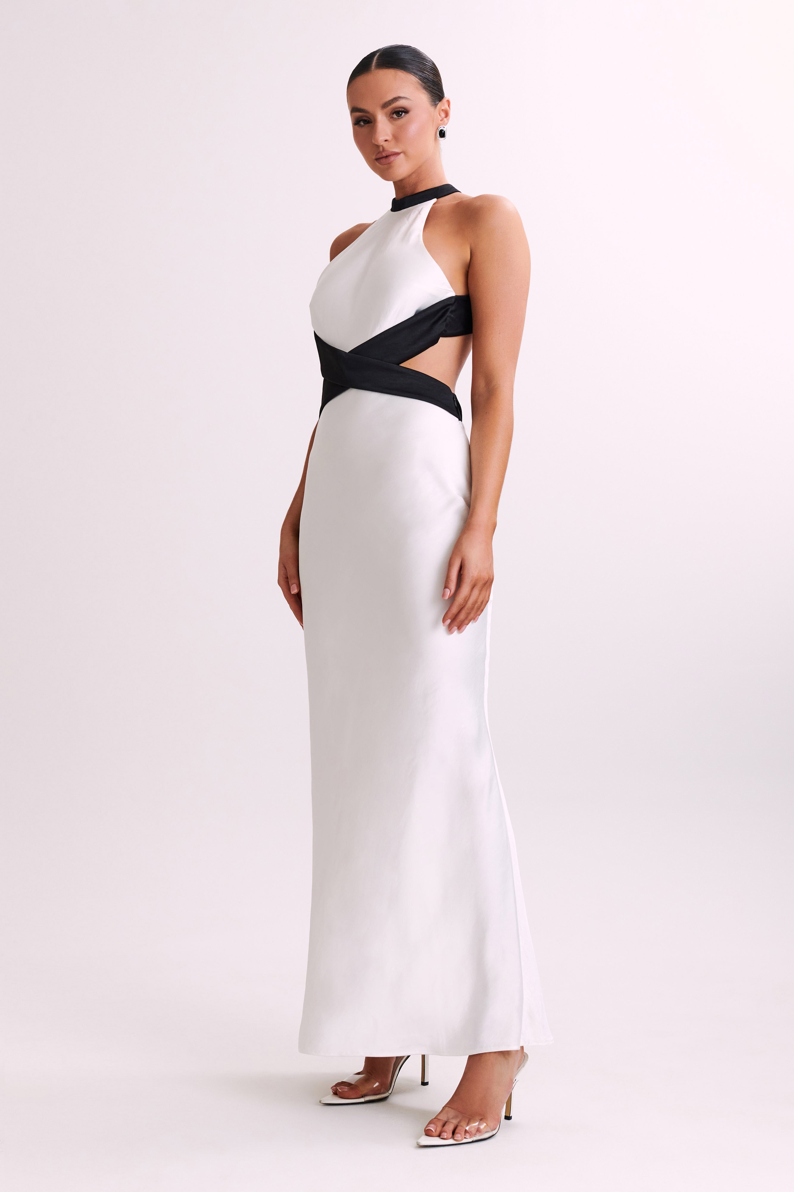 Nalani Satin Halter Maxi Dress - Black/White-My Chic Way.All Rights Reserved