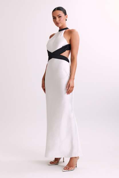 Nalani Satin Halter Maxi Dress - Black/White-My Chic Way.All Rights Reserved