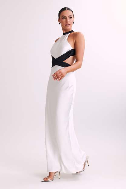Nalani Satin Halter Maxi Dress - Black/White-My Chic Way.All Rights Reserved