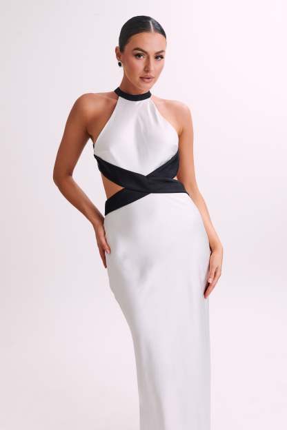 Nalani Satin Halter Maxi Dress - Black/White-My Chic Way.All Rights Reserved