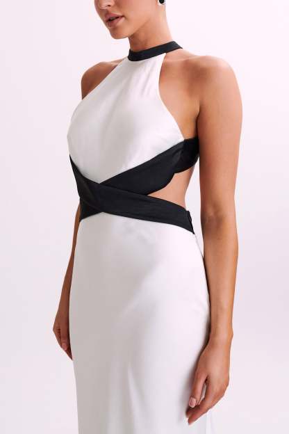Nalani Satin Halter Maxi Dress - Black/White-My Chic Way.All Rights Reserved