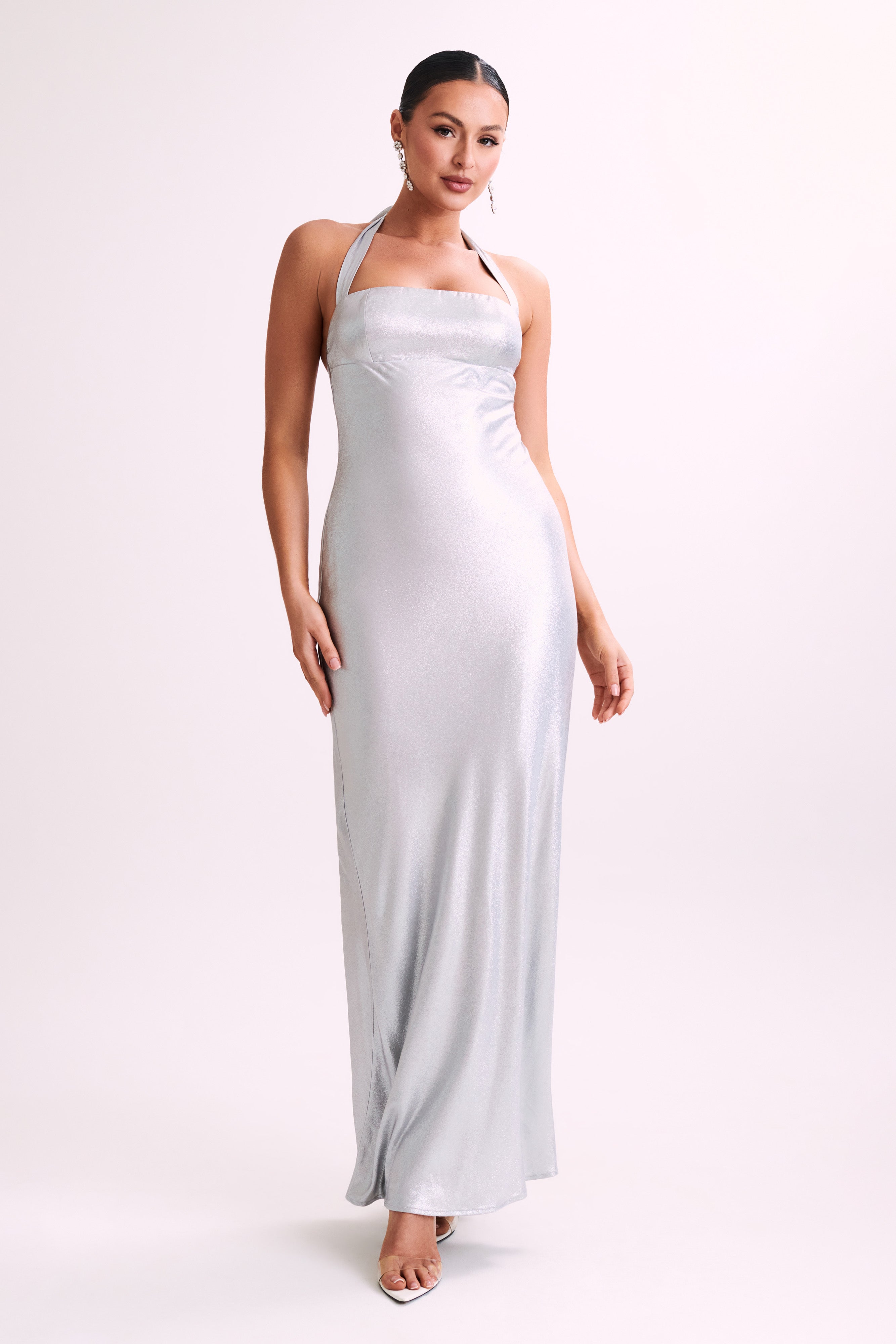 Sabra Satin Halter Maxi Dress - Silver-My Chic Way.All Rights Reserved