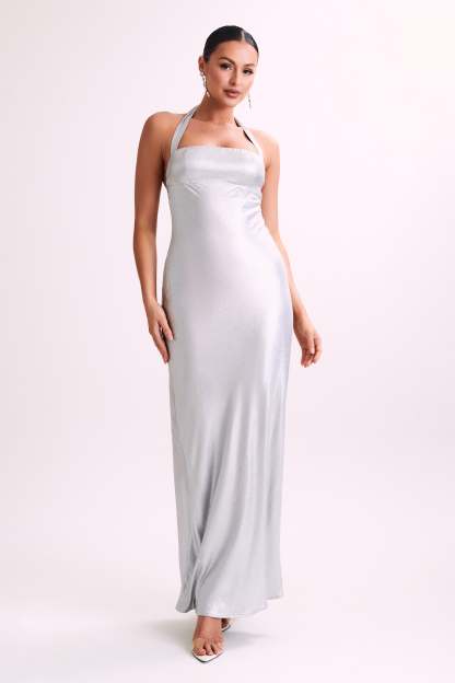 Sabra Satin Halter Maxi Dress - Silver-My Chic Way.All Rights Reserved