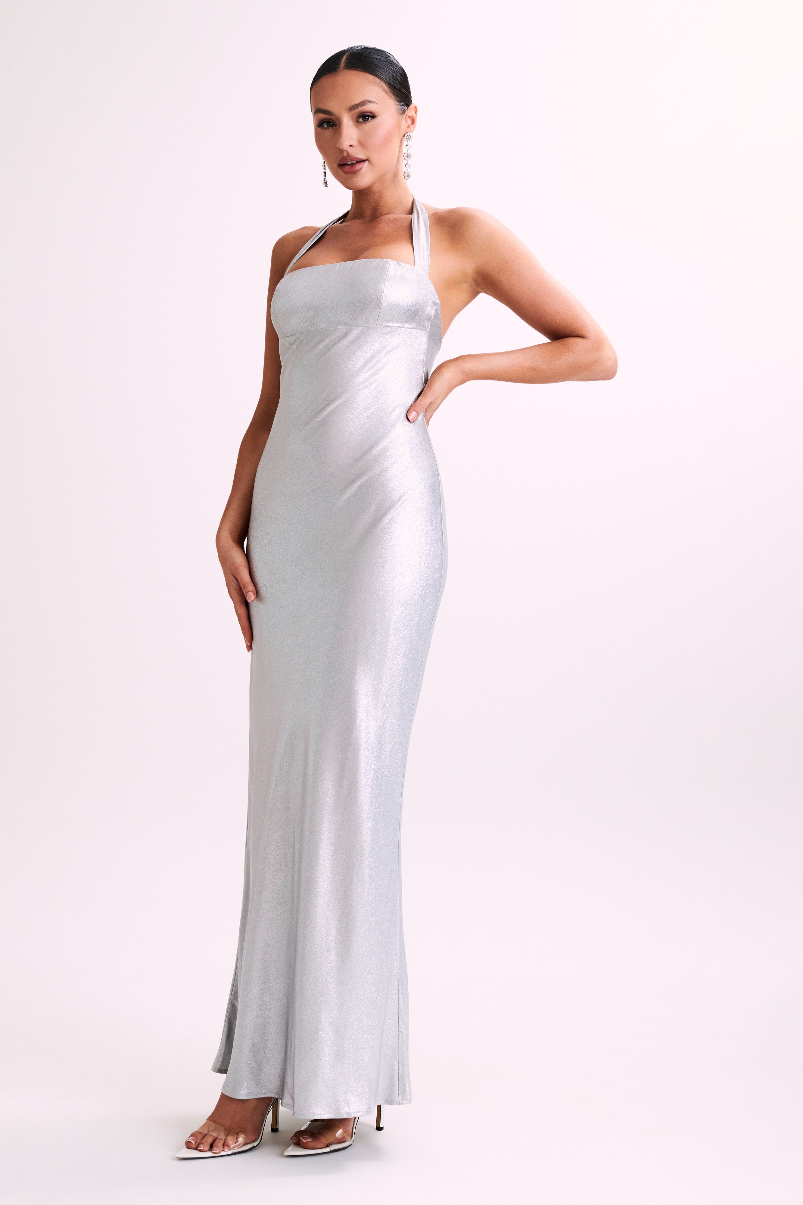 Sabra Satin Halter Maxi Dress - Silver-My Chic Way.All Rights Reserved