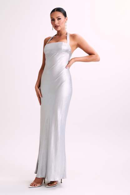 Sabra Satin Halter Maxi Dress - Silver-My Chic Way.All Rights Reserved
