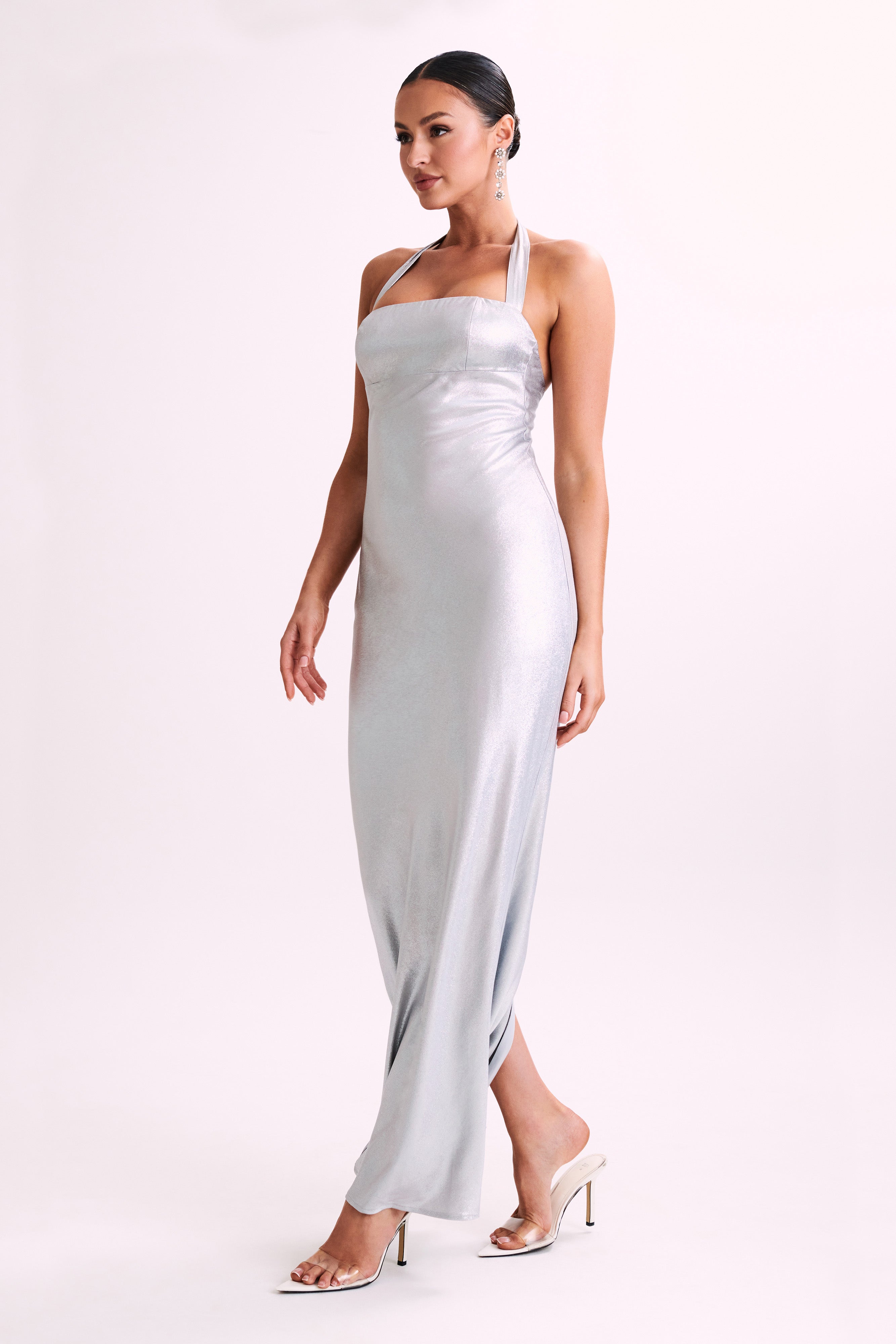 Sabra Satin Halter Maxi Dress - Silver-My Chic Way.All Rights Reserved