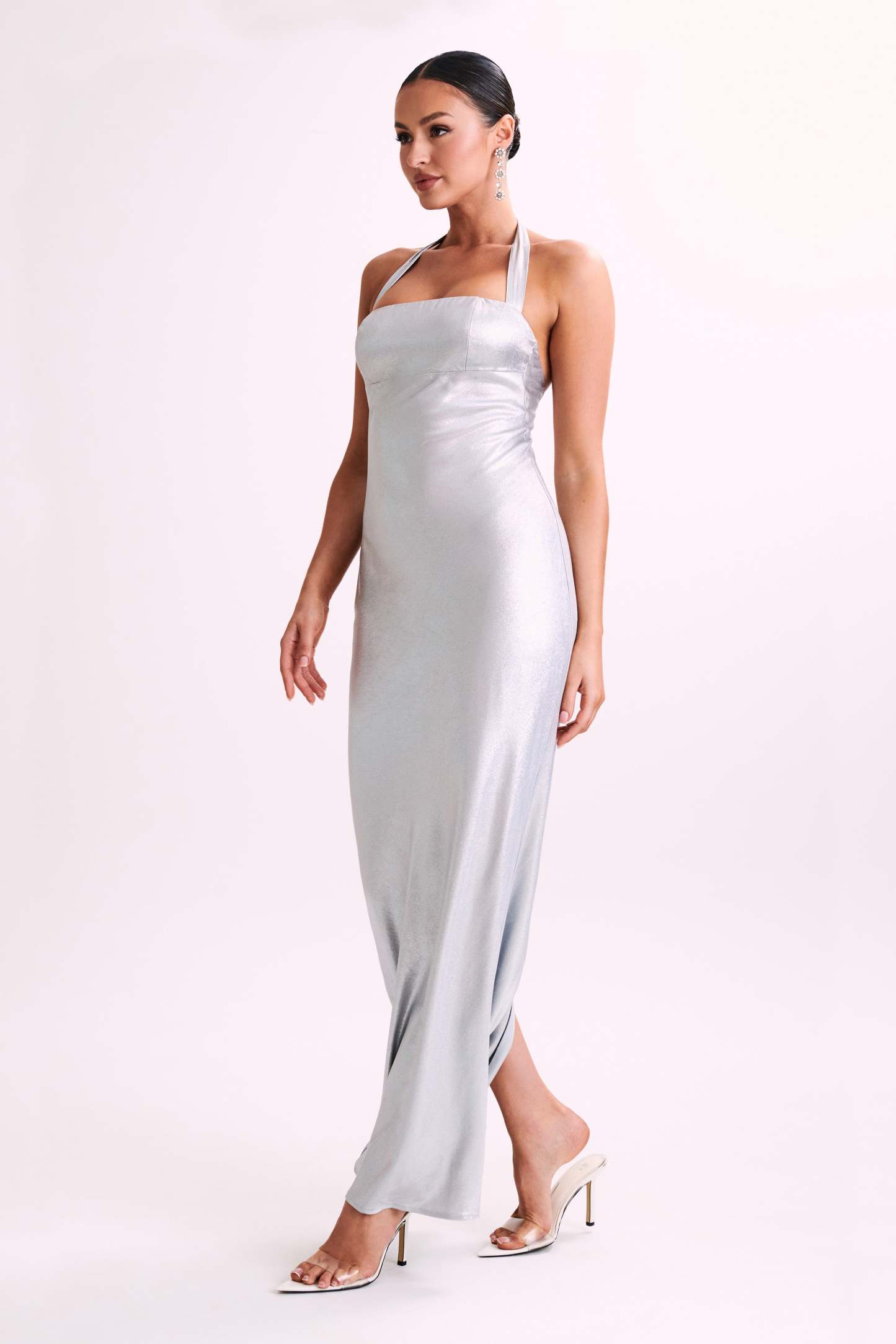 Sabra Satin Halter Maxi Dress - Silver-My Chic Way.All Rights Reserved