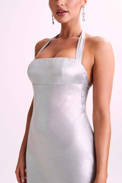Sabra Satin Halter Maxi Dress - Silver-My Chic Way.All Rights Reserved