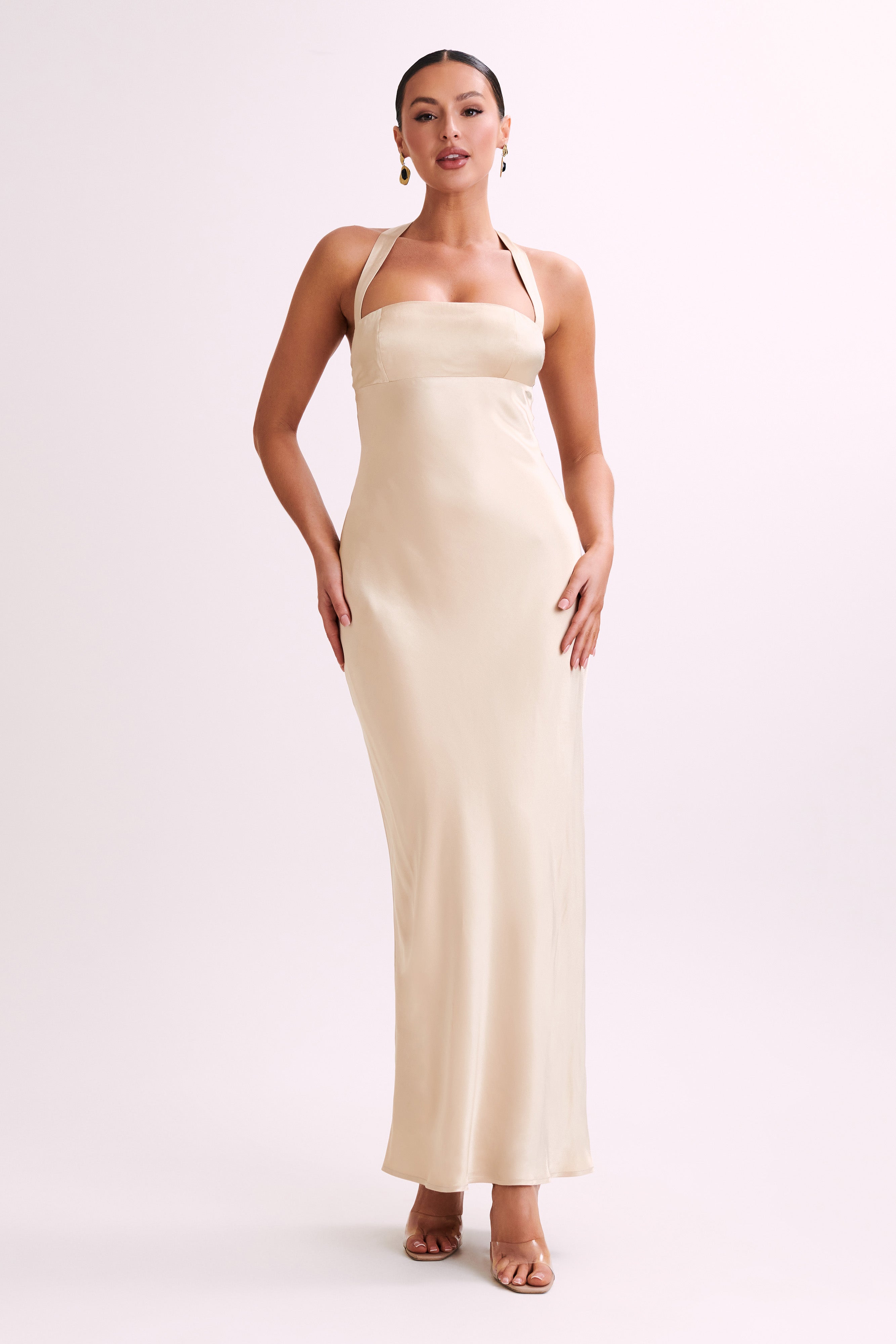Sabra Satin Halter Maxi Dress - Gold-My Chic Way.All Rights Reserved