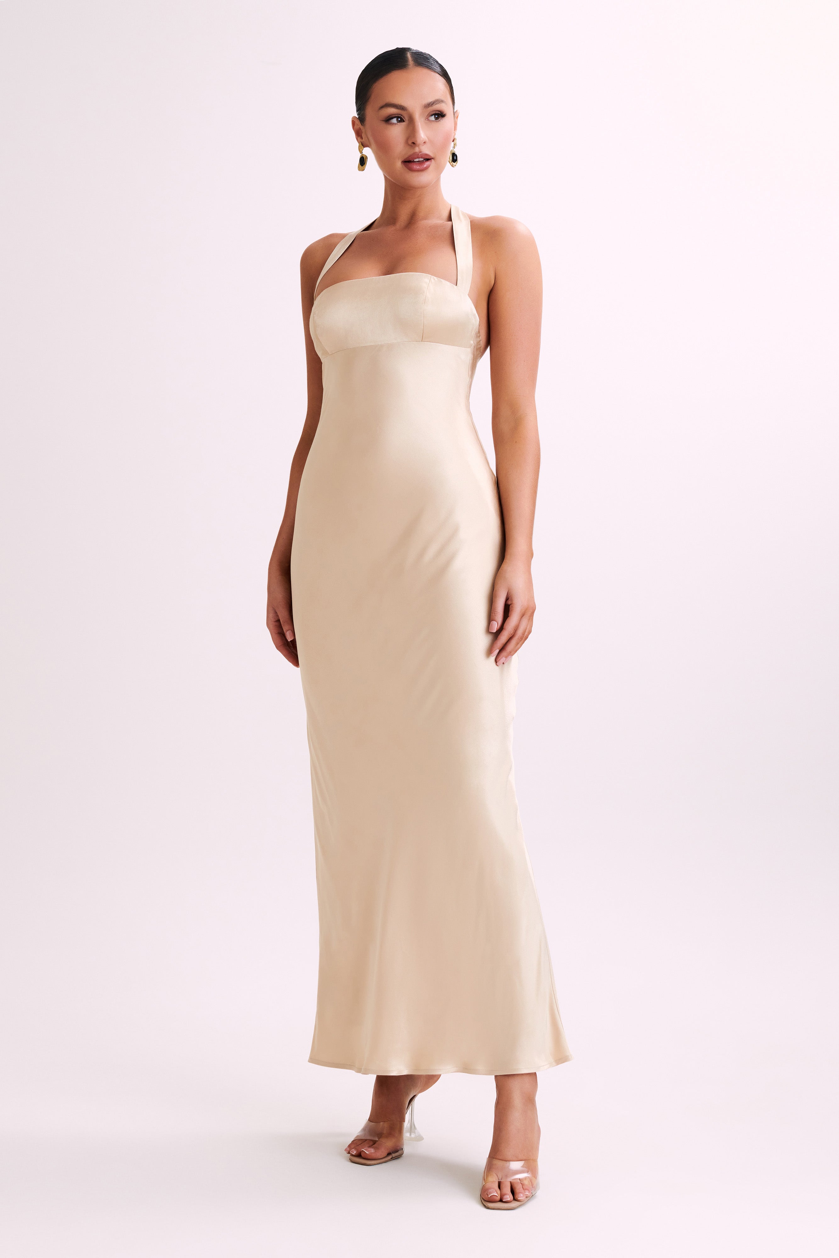 Sabra Satin Halter Maxi Dress - Gold-My Chic Way.All Rights Reserved