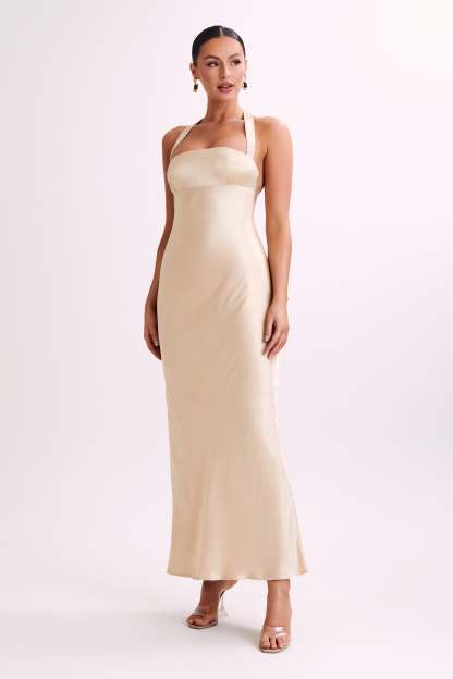 Sabra Satin Halter Maxi Dress - Gold-My Chic Way.All Rights Reserved