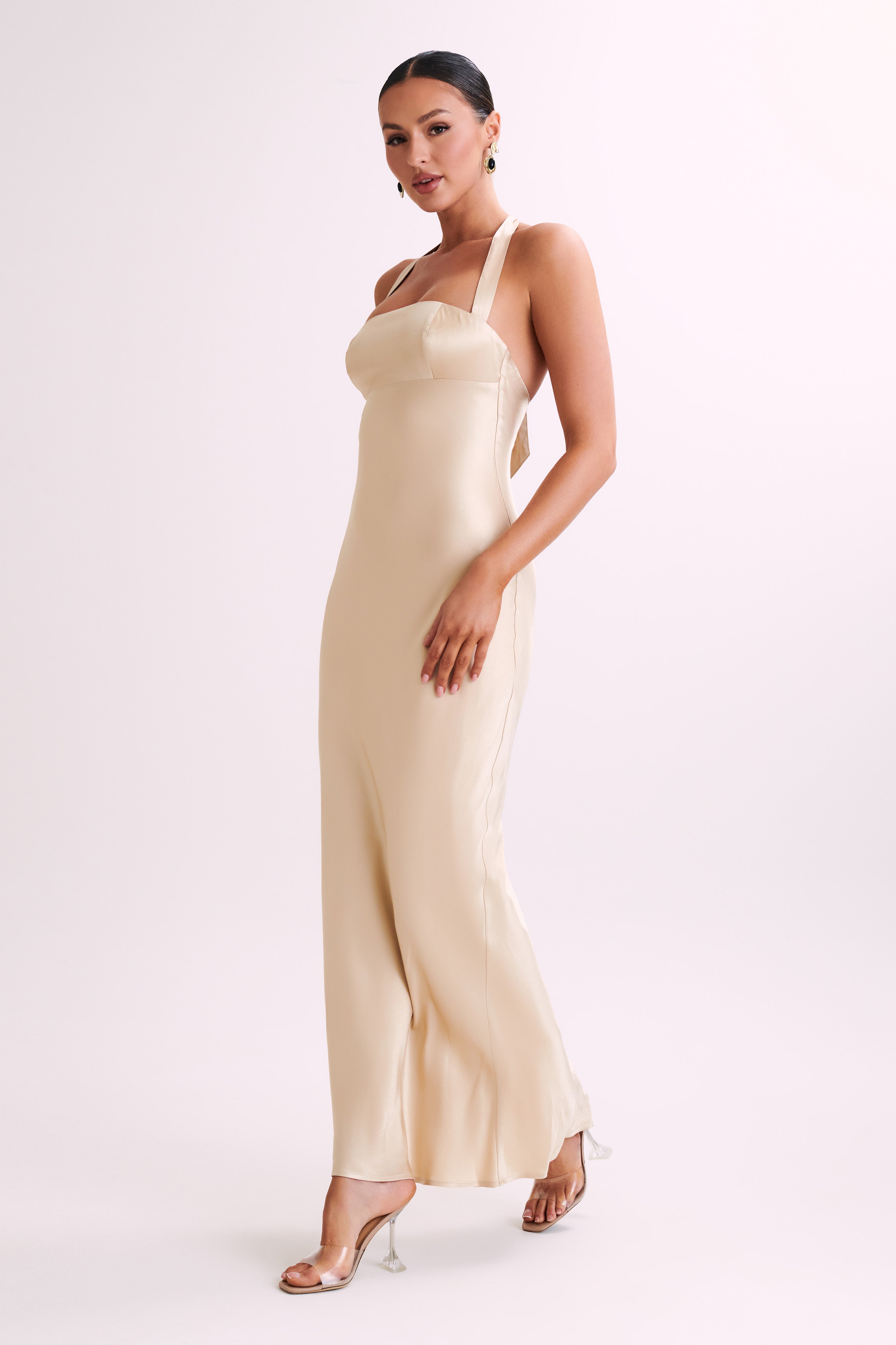 Sabra Satin Halter Maxi Dress - Gold-My Chic Way.All Rights Reserved