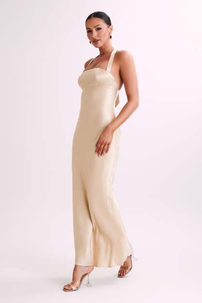 Sabra Satin Halter Maxi Dress - Gold-My Chic Way.All Rights Reserved