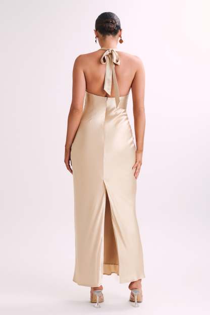 Sabra Satin Halter Maxi Dress - Gold-My Chic Way.All Rights Reserved